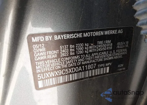 2013 BMW X3 xDrive28I из США, поврежденный, VIN 5UXWX9C5XD0A11807